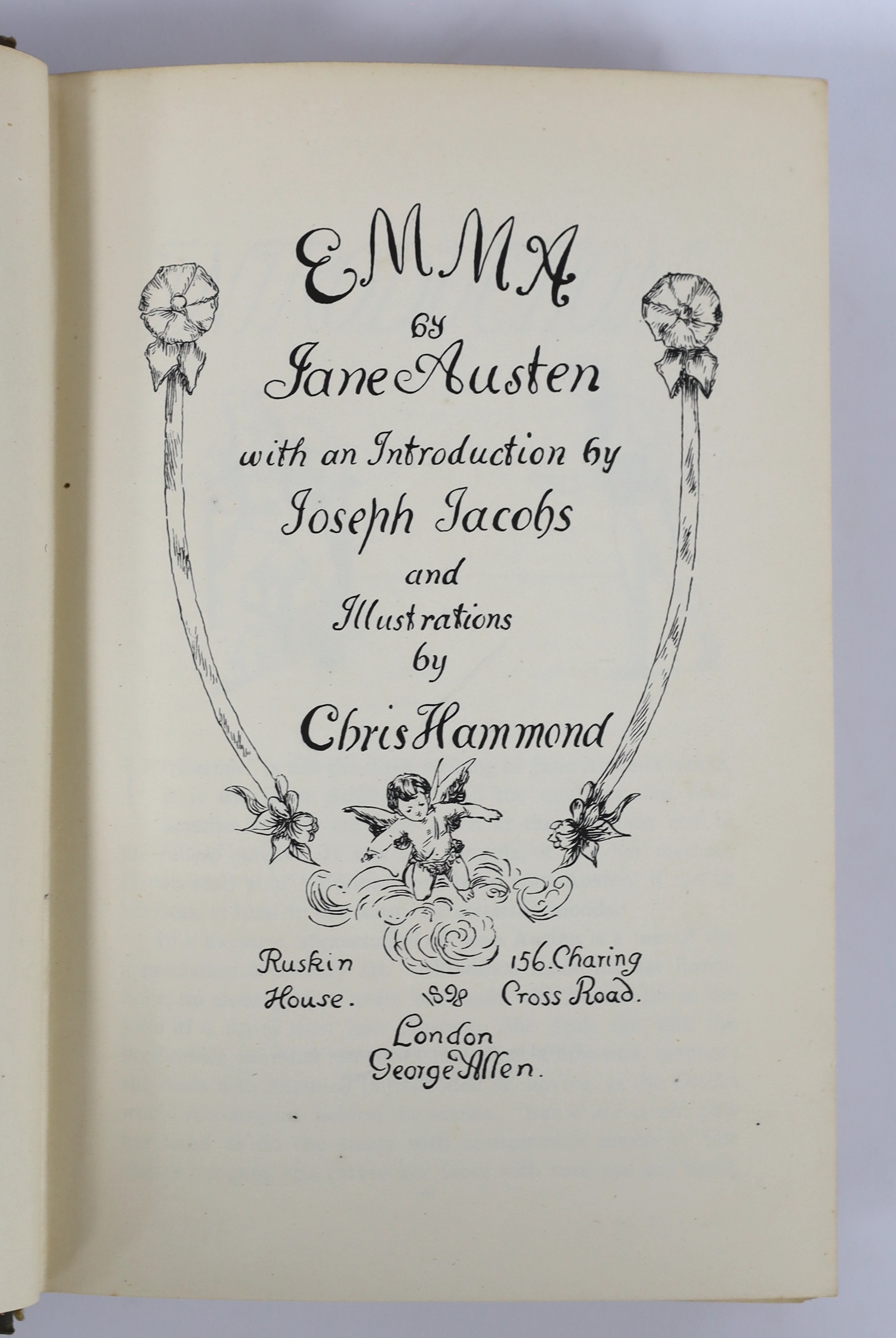 Austen, Jane - Emma. With an introduction by Joseph Jacobs and illustrations by Chris Hammond. decorated title, frontis. and num. illus. (some full page); publisher's gilt floral decorated cloth and gilt top, cr. 8vo. Ge